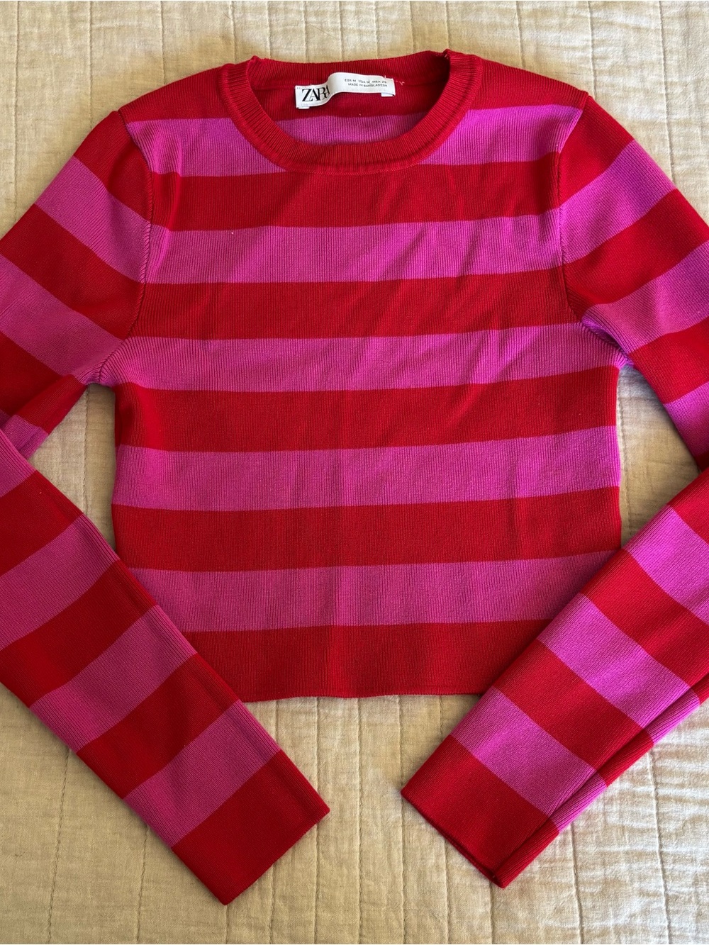 Zara Pink and Red Striped Crewneck Sweater
